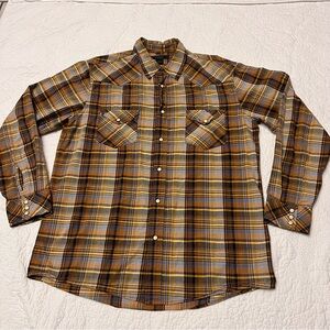Express Shirt Mens Large Yellow Plaid Pattern Western Pearl Snap Long Sleeve